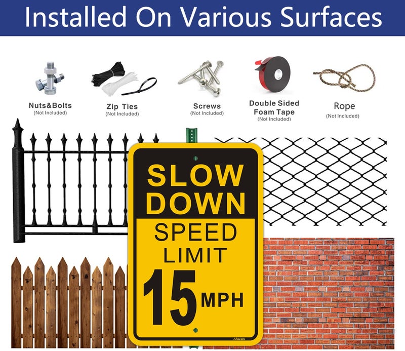Afuven Slow Down Speed Limit 15 MPH Sign 2 Pack Metal Reflective 15MPH Signs Slow Traffic Signs 12" x 18" Rust Free Aluminum Easy Mounting Outdoor Use Waterproof Sturdy - Image 4